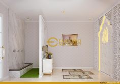 a room with white walls and green carpet