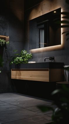 a bathroom with a sink, mirror and potted plant