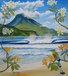 a painting of a bird sitting on top of a tree next to the ocean with a mountain in the background