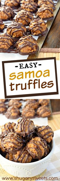 chocolate covered cookies are in a white bowl on a wooden table with the words easy samosa truffles