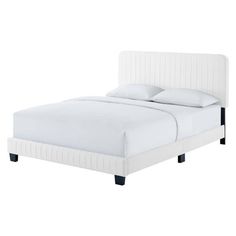 a bed with white linens and black legs on the headboard, against a white background