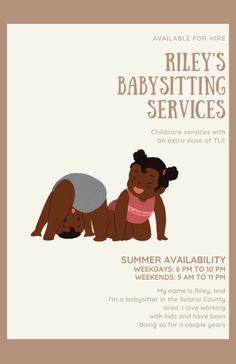 an advertisement for riley's babysitting services, featuring two babies and their mom