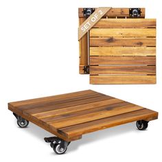 a wooden pallet with wheels is shown in front of a sign that says sale