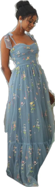 Prom Dresses Blue With Flowers, Prom Dress Floral Blue, Blue Cottagecore Prom Dress, Blue Prom Dress With Floral Embroidery, Blue Floral Cottagecore Dress, Pointy Heels, Prom Party, 2 Inch Heels, Evening Party