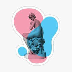 a woman sitting on top of a statue in front of a pink and blue background