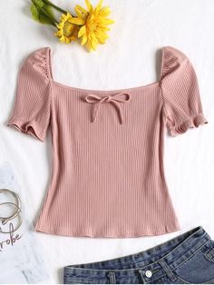 Square Collar Knot Tee - LIGHT PINK M Tee Shirts For Women, Black T Shirts, Pink M, Top Shirt Women, Kpop Fashion Outfits, Girls Fashion Clothes, Shirts For Women, Ladies Tops Fashion