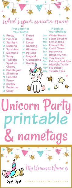 unicorn party printable and nametags are shown in pink, blue, and gold