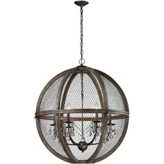 a wooden and metal orb chandelier hanging from a ceiling fixture with chains around it