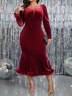 Plus Size Elegant Velvet Sweetheart Neck Puff Sleeve Fish Tail Hem Dress Burgundy Party  Long Sleeve Knitted Fabric Plain Bodycon Medium Stretch  Women Plus Clothing, size features are:Bust: ,Length: ,Sleeve Length: