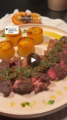 a white plate topped with steak and potatoes