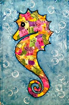 a seahorse made out of different types of paper and watercolors on a blue background