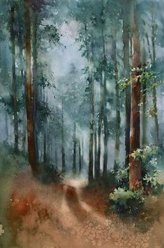 a painting of a path in the middle of a forest with lots of trees on both sides