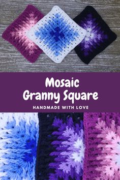 the mosaic granny square is made with love crochet and has four different colors