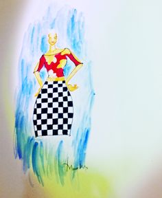 a drawing of a woman in a checkered dress with her hands on her hips