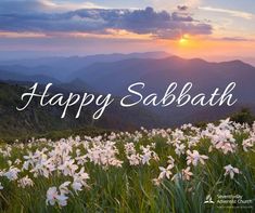 the words happy sababath are in white letters on a background of mountains and flowers