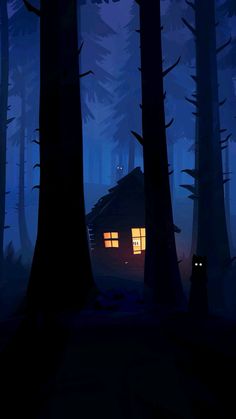 a cabin in the woods at night with a cat