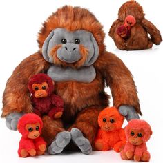 a stuffed monkey sitting next to other stuffed animals