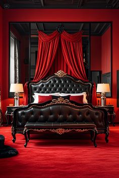 a bedroom with red walls, black furniture and curtains