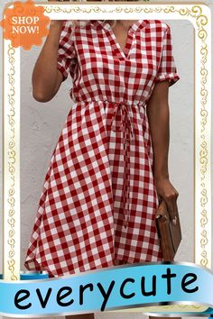 Fashion Casual Plaid Split Joint V Neck Irregular Dress Dresses Casual Plaid A-line Dress, Casual Plaid Knee-length Midi Dress, Casual V-neck Dress For Picnic, Casual A-line Midi Dress For Picnic, Casual Fall Picnic Dresses, Casual Plaid Short Sleeve Dress, Casual Plaid V-neck Midi Dress, Casual Plaid Dresses For Vacation, Spring Plaid Midi Knee-length Dress