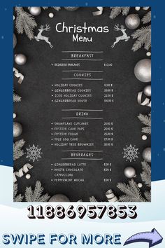 a menu for christmas dinner with ornaments and snowflakes on the bottom, and an arrow pointing to it