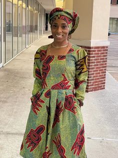 "African Ankara midi length long sleeve midi Dress handmade women dress and headwrap with sides pockets Yellow background with other multi color bold print. Contact me for other sizes or if you want different body measurements. Made with Polycotton fabric Check the measurement before purchasing. Please take your measurements before you order. Please don't assume that you know your measurements because every store has their own size guide. Let me know within 3 days after receiving the item that y Fitted Long Sleeve Ankara Maxi Dress, Fitted Long Sleeve Maxi Dress With Pockets, Long Sleeve Ankara Fabric Spring Dress, Spring Ankara Long Sleeve Dress, Spring Long Sleeve Ankara Dress, African Head Dress, Dress African, Polycotton Fabric, African Ankara