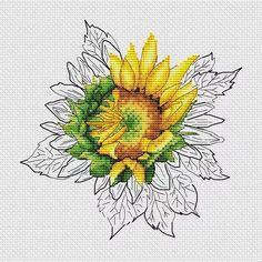 a cross stitch sunflower with leaves on it's head and the petals are yellow