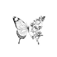 a black and white drawing of a butterfly with flowers