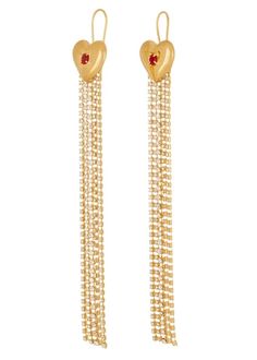 Super Lover Earrings – Mondo Mondo Elegant Heart-shaped Jewelry With Dangling Beads, Gold Drop Jewelry For Valentine's Day, Gold Ruby Drop Jewelry, Lover Earrings, Crystal Chain, Stone Crystal, Red Glass, Ruby Red, Ear Wire