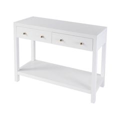 a white console table with two drawers