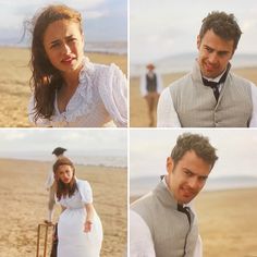 four different shots of a man and woman on the beach, one is holding a suitcase