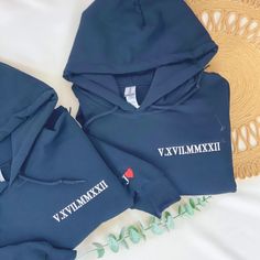 If you need a special and meaningful gift to commemorate your sweet honeymoon or to give at a bridal shower, the "Custom Embroidered Honeymoon Sweatshirt" is the perfect choice. The wedding date is embroidered in Roman letters on the front, creating a unique difference for the bridal shower gifts, as a congratulation for the upcoming day or a beautiful memory of the journey together. You can choose to embroider your and your partner's names, or any personal symbol you desire on the sleeve to cre Boyfriend And Girlfriend Hoodies, 50 Years Anniversary Gift, Blue Couple, Matching Hoodies For Couples, Roman Numerals Dates, Couple Hoodies, Matching Hoodies, Unique Sweatshirt, Personalized Couple Gifts