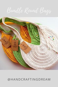 three crocheted bags with tags on them and the words, bundle royal bags