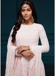 Dupatta Embroidery, Georgette Anarkali Suits, Bridal Mehndi Dresses, Pink Anarkali, Georgette Anarkali, Embroidered Anarkali, Pink Thread, Party Wear Gown