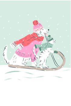 a white dog riding on top of a snow covered sled