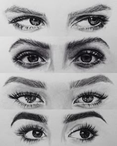 four different types of eyes with long lashes and eyelashes on each side, all drawn in pencil