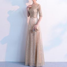 Gold Glitter Evening Long Gown (Elegant) Champagne Evening Dress With Sweep Train, Elegant Long Gold Evening Dress, Elegant Gold Long Evening Dress, Champagne Gown For Evening Dress At Gala, Gold Fitted Maxi Dress For Prom, Gold Sequin Dress For Gala, Holiday Floor-length Gown With Sweep Train, Glamorous Gold Evening Dress With Sweep Train, Elegant Gold Long Dress Gown