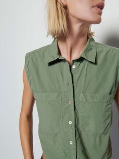 Utility meets chic (finally). It's the sleeveless patch pocket shirt you're missing from your core capsule, and the perfect “work to wherever” essential. (This one comes in Sea Spray.) Make it a set with the Rayelynn Short. | Rylee Vest Top in Sea Spray | Ethical Essentials Chicago Gifts, Nation Ltd, Blue Q, Build A Wardrobe, Sea Spray, Black Tank Dress, Black Aviators, Contemporary Outfits, Pocket Shirt