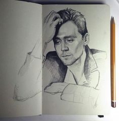 a pencil drawing of a man with his hand on his head