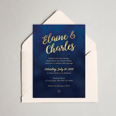 a blue and gold foil wedding card with the words, name and date on it