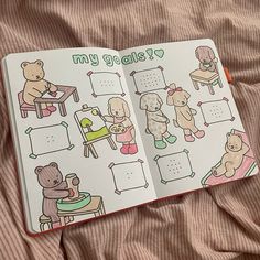 an open children's book with pictures of teddy bears on the pages and writing