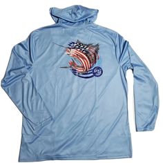 Brand New With Tags All American Fisherman Long Sleeve Lightweight Hooded Hoody Performance Tee Shirt For Water Fishing Boating Surfing Red White Blue Ocean Sailfish Design On Back. Beautiful Light Powder Blue Color. Size Is Xl. Moisture Wicking Fabric Polyester. Silky Feel. Measures Pit To Pit 25" Front Top To Bottom 27.5" Shoulder Seam To Cuff 27.5" See Photos. Any Questions Please Ask. Thanks For Looking! Blue Long Sleeve Shirt For Outdoor, Blue Crew Neck Shirt For Outdoor, Pre-shrunk Long Sleeve Tops For Outdoor, Blue Pre-shrunk Long Sleeve Shirt, Powder Blue Color, Long Sleeve Baseball Tee, White Long Sleeve Tee, 80s Mens, Mens Plaid