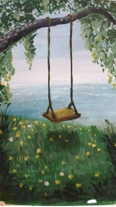 a painting of a swing hanging from a tree