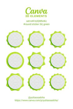 six green and white circular stickers with the words canva 3d elements on them