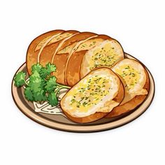 a plate with bread and parsley on it, ready to be eaten for lunch