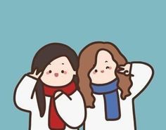 two women wearing scarves and scarfs are looking at the sky with their hands on their ears