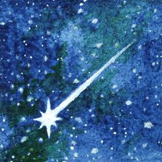 an artistic painting of a shooting star in the night sky with stars and snow flakes