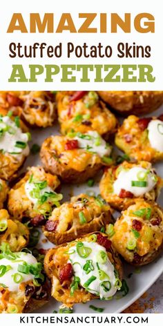 stuffed potato skins appetizer on a plate with text overlay