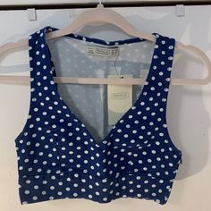 Blue And White Polka Dot Cropped Jeans Zara Top. Never Worn. New With Tags. Chic Blue Cotton Crop Top, Zara Blue Fitted Crop Top, Trendy Blue Zara Crop Top, Blue V-neck Crop Top For Vacation, Chic Blue Crop Top For Vacation, Chic Blue V-neck Crop Top, Knot Crop Top, Black Crop Tee, White Crop Tank