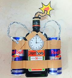 a bag made to look like a clock and soda cans