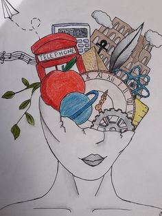 a drawing of a woman's head with various items in it